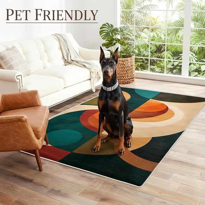 Mid Century Geometric Area Rug 5x6 – Retro Abstract Circle Pattern Rug for Living Room & Bedroom, Low Pile Washable Indoor Rug with Non-Slip Backing