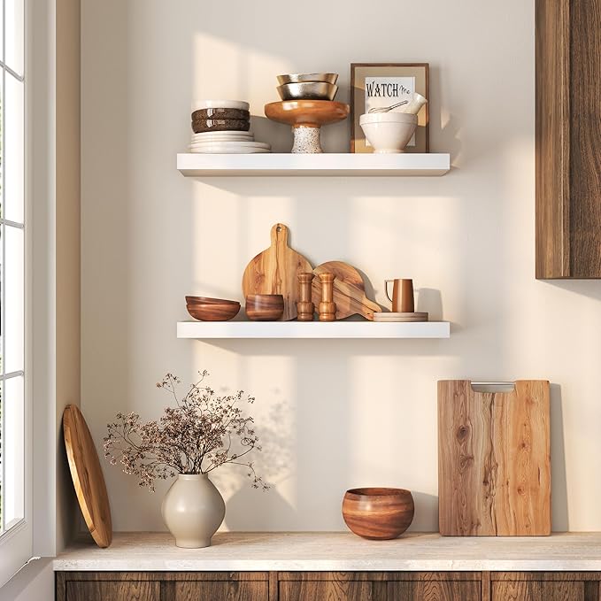 Farmhouse Floating Shelves - 8 Inch Deep Rustic Wood Wall Shelf - Premium Solid Pine Wood Storage Shelf Display Shelf for Kitchen Living Room Bedroom - 24"W x 8"D - Set of 2 - White Color