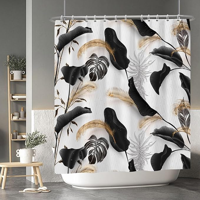 Baocicoo Black Leaves Shower Curtain Bohemian Style Shower Curtain for Bathroom Tropical Leaves Boho Floral Shower Curtains Bathtub Living Room Decor Bathroom Decorations with Hooks 72x78 Inches