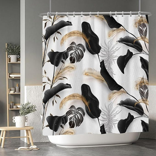 Baocicoo Black Leaves Shower Curtain Bohemian Style Shower Curtain for Bathroom Tropical Leaves Boho Floral Shower Curtains Bathtub Living Room Decor Bathroom Decorations with Hooks 72x78 Inches