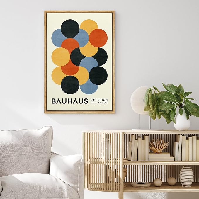 MUDECOR Framed Canvas Print Wall Art Geometric Colorful Circle Bauhaus Polygon Abstract Shapes Illustrations Fine Art Mid-Century Modern Multicolor for Living Room, Bedroom, Office - 24"x36" Natural
