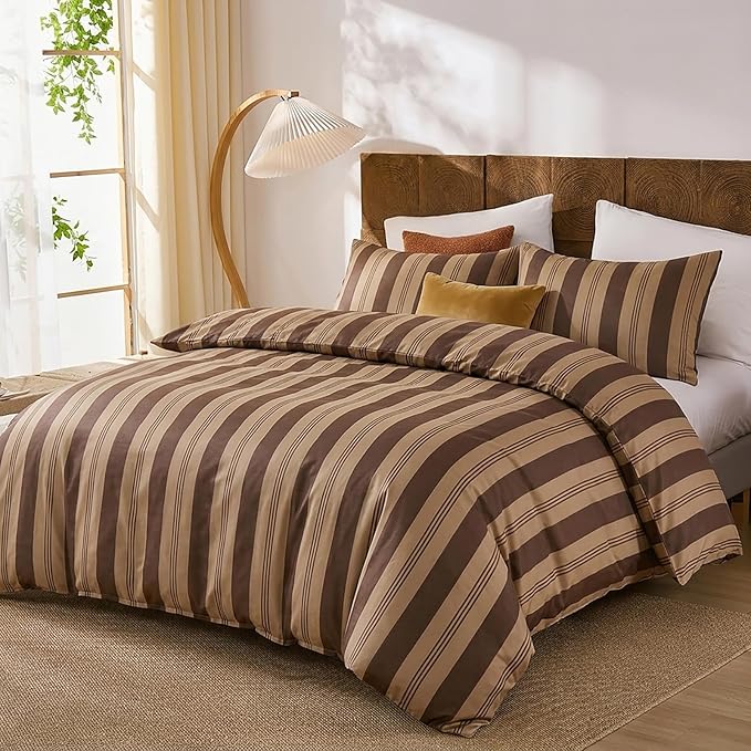 Merryword Brown and Khaki Striped Duvet Cover Set King Size, 100% Cotton Bedding Set with Zipper Closure & 8 Corner Ties, Awning Stripe Bedding, Soft Breathable Comforter Cover for All Seasons