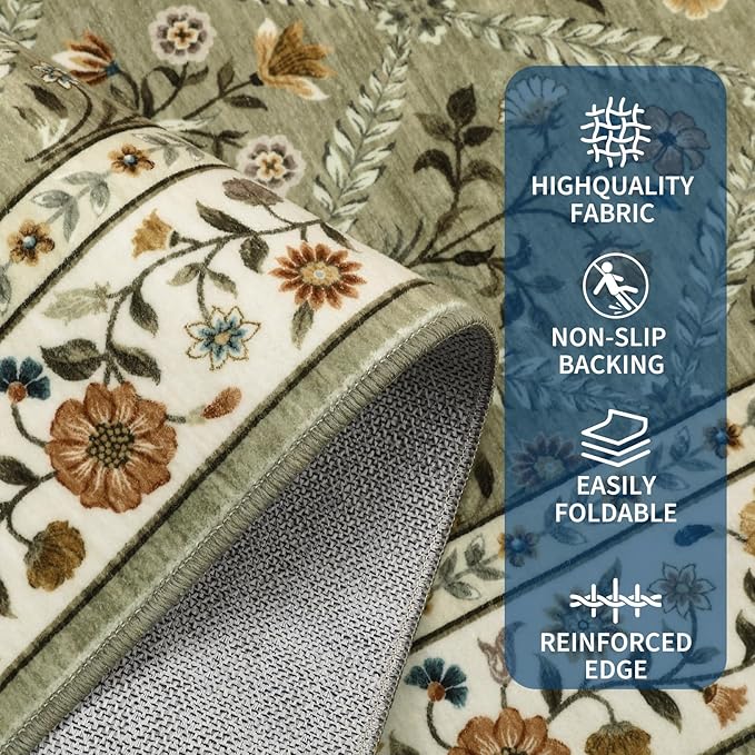GarveeHome Washable Kitchen Runner 2x6 Non-Slip Floral Carpet Runner for Entryway Indoor Ultra Soft Stain Resistant Long Rugs Farmhouse Floor Mat for Hallways Laundry Bedroom Green
