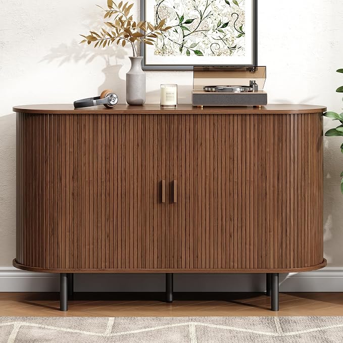 Buffet Cabinet with Storage, Fluted Sideboard Buffet with Sliding Door, Coffee Bar Cabinet with Adjustable Shelf, Console Table, Accent Table for Entryway, Kitchen (Walnut, 48 Inch)