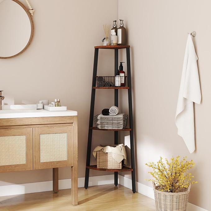 Corner Shelf, 4 Tier Ladder Corner Bookshelf, Display and Bookshelf Stand Unit, Anti Tip Feature, Space Saving, Ideal for Plants, Books, Living Room, Bedroom, Rustic Brown