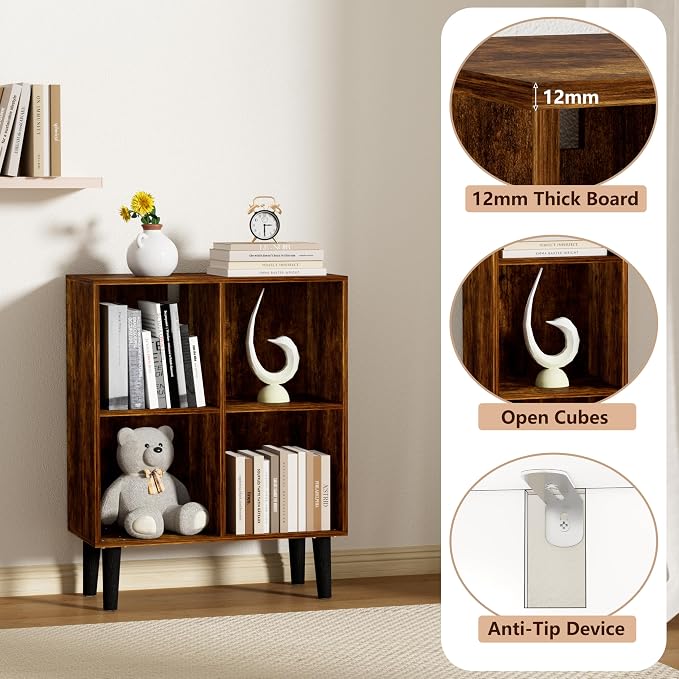 4 Cube Bookcase, Wooden Book Shelf Cube Storage Organizer with Legs, 2 Tier Bookshelf Freestanding Open Shelves for Living Room, Bedroom, Home Office (Brown, 4 Cube)