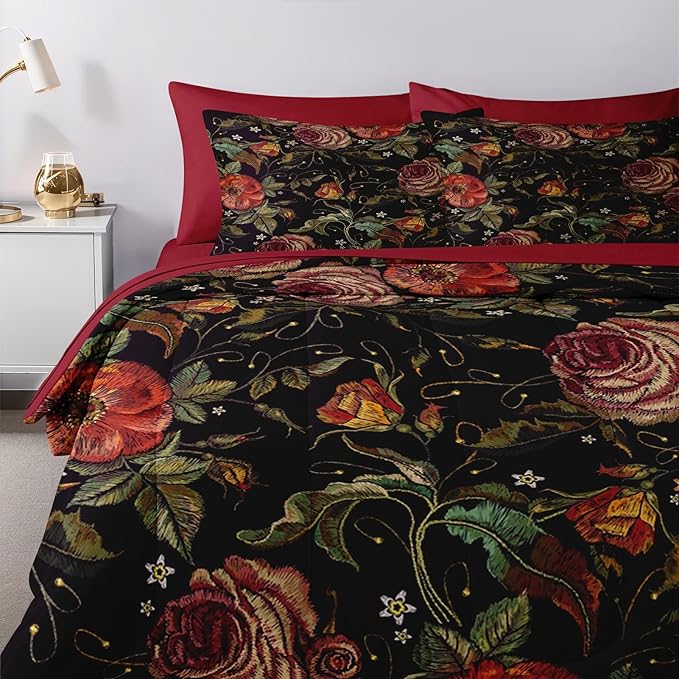 Nesker 7 Pcs Comforter Set Full Size, Retro Red Rose Flower Bedding Set for Kids and Adults, Floral Leaves Plant Bed Sheet Sets with Fitted Sheet 2 Pillowcases & 2 Shams