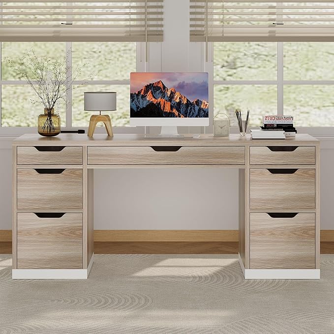 MaverickFurni Computer Desk with Storage Drawers, 54 Inch Executive Desk with 7 Drawers for Bedroom, Office Desk with File Drawers for Work Study Writing, Small Spaces, White and Walnut