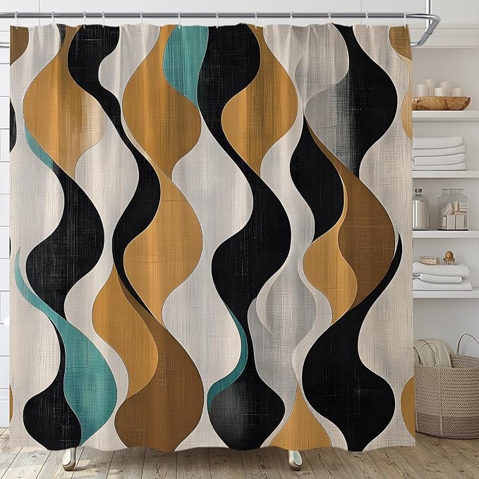 TENVSIN Mid Century Shower Curtain Boho Minimalist Modern Abstract Aesthetic Geometric Striped Atomic Retro Earthy Fabric Bathroom Decor Set with Hooks(59" Wx70 H)