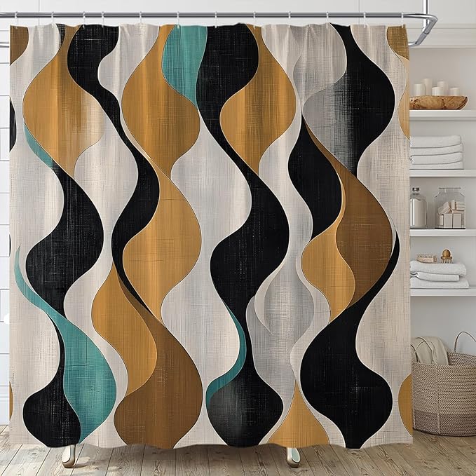 Mid Century Shower Curtain Boho Minimalist Modern Abstract Aesthetic Geometric Striped Atomic Retro Earthy Fabric Bathroom Decor Set with Hooks(70" Wx74.8 H)