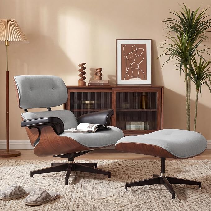 Chaise Lounge Chair with Ottoman, Top Black Grain Leather Recliner Chair, Modern Classic Office Chair with Ergonomic Lumbar Support, Heavy Duty Base Support for Bedroom Living Room Office (Grey)