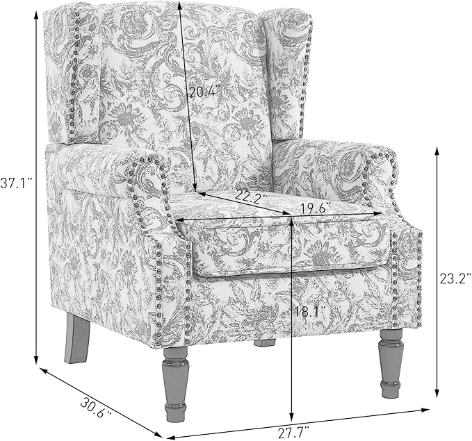 Wingback Chairs Set of 2, High Back Floral Accent Chair in Fabric, Comfy Upholstered Armchair with Nailhead Trim for Living Room, Single Sofa Reading Chair for Small Spaces, Bedroom-Rococo Green