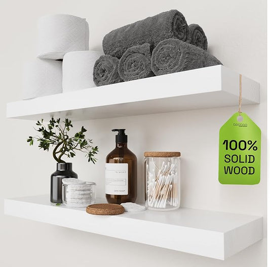 BAOBAB WORKSHOP Wood Floating Shelves for Bathroom Wall - White Shelves for Bedroom Kitchen Living Room - Solid Wood Shelves - White - 24 x 6.7 Inch, Set of 2