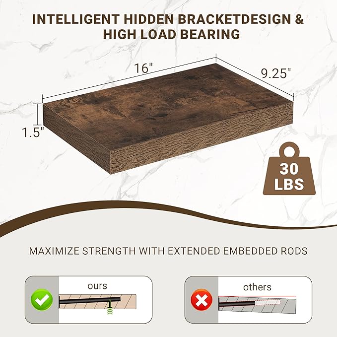 16 Inch Floating Shelves, 16"x9.25"x1.5" Inch Deep Floating Shelves for Wall, Wooden Shelves for Bathroom, Bedroom, Living Room, Brown, 2 Pieces