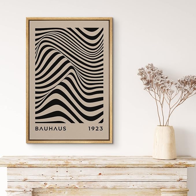 MUDECOR Framed Canvas Print Wall Art Mid-Century Bauhaus Black Stripe Illusion Shapes Abstract Illustrations Modern Art Minimal Multicolor Relax/Calm for Living Room, Bedroom, Office - 24"x36" NATURAL