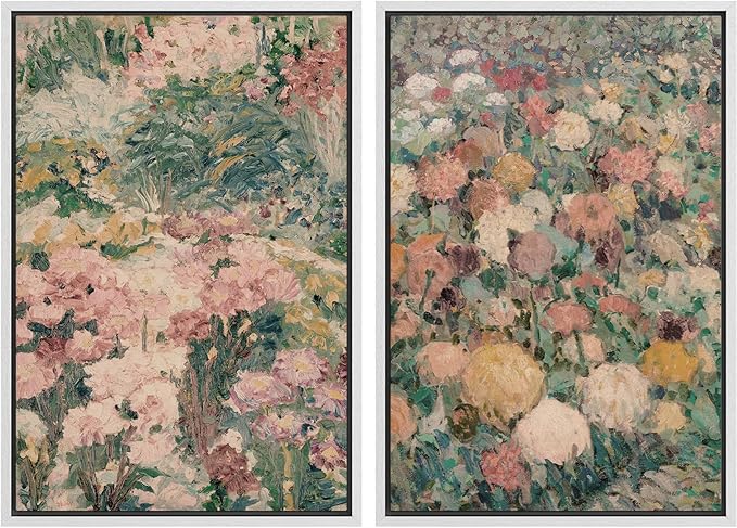 MUDECOR Framed Canvas Print Wall Art Impressionist Floral Garden Vintage Botanical Illustrations Modern Art Decorative Bohemian Colorful Chic for Living Room, Bedroom, Office - 16"x24"x2 White