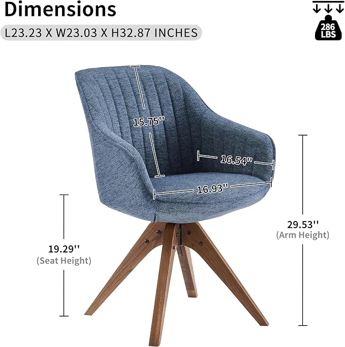 Art Leon Desk Chair - Mid Century Modern Office Chair No Wheels, Swivel Accent Chair with Oak Wood Legs, Fabric Upholstered Arm Chair, Blue