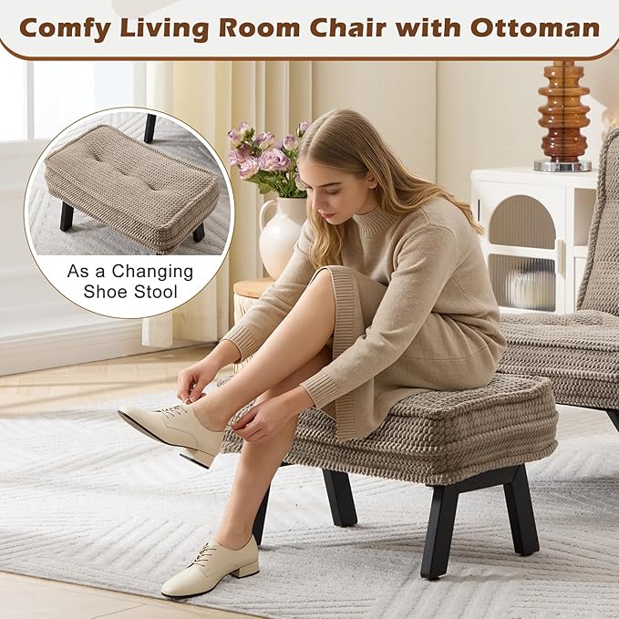 ANJ Accent Chair with Ottoman Adjustable Backrest, Khaki Living Room Chair Tufted Upholstered Lounge Chair with Footrest Set, Modern Chair Cozy Reclining Chair for Reading Room Bedroom