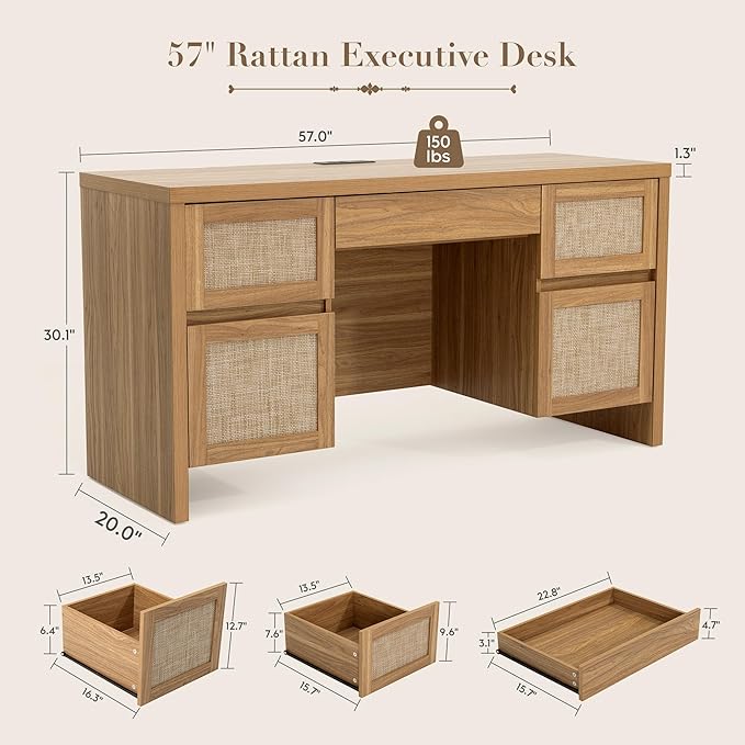 Yechen Executive Desk with 5 Drawers, 57" Modern Rattan Home Office Desk with Charging Station, File Drawer, Farmhouse Boho Computer Writing Desk for Study, Work, Walnut Brown
