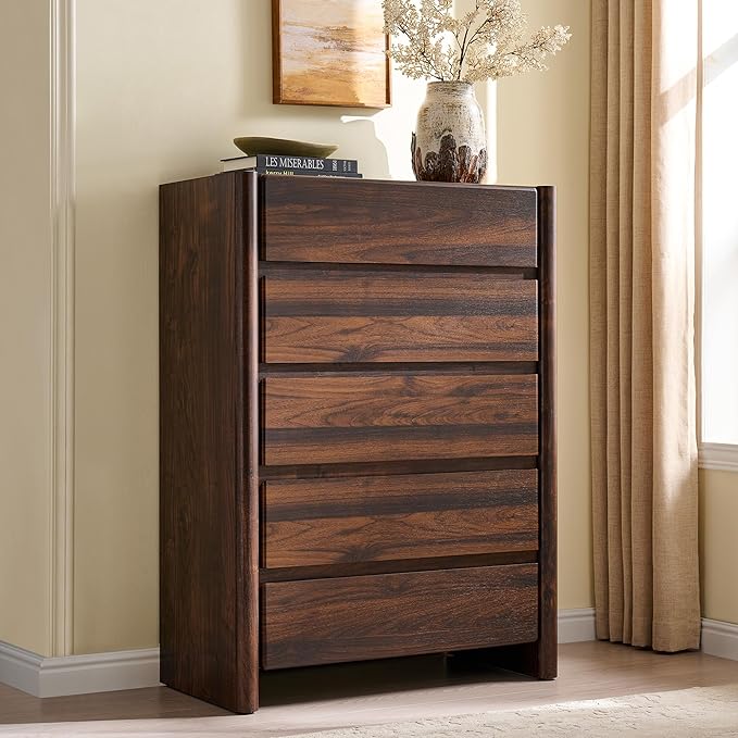 Modern 5 Drawers Dresser for Bedroom, 43" Tall Dresser & Chests of Drawers w/Rounded Corner, Wood Handleless Dresser w/Large Storage & Natural Texture for Bedroom, Living Room-Brown