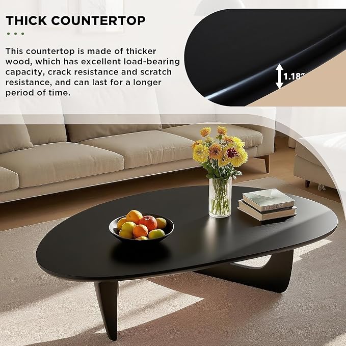 Solid Wood Triangle Coffee Table,Unique Mid Century Modern Oval Coffee Table,Irregular Geometric Tea Tables for Home Living Room with Wooden Tabletop and Reinforced Legs Black 35" L x 24" W x 16" H