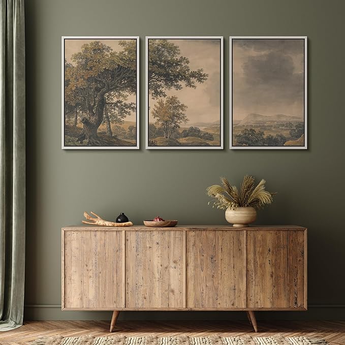 MUDECOR Framed Wall Art Print Set Vintage Landscape Rustic Tree and Mountain View Illustrations Decorative Colorful for Living Room, Bedroom, Office - 16"x24"x3 White