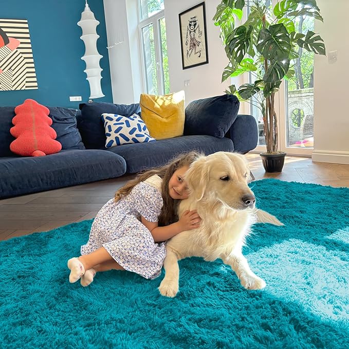 OLANLY 9x12 Machine Washable Large Area Rugs for Living Room, Bedroom, Soft Fluffy Shaggy Bedside Rug, Indoor Floor Carpet for Kids Girls and Boys, Dorms, Nursery, Home Decor Aesthetic, Teal