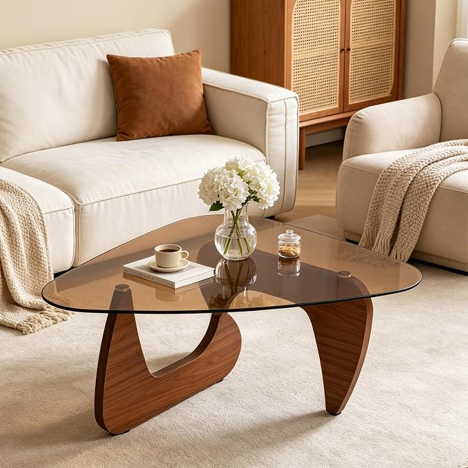 43.3'' Modern Brown Glass Coffee Table with Geometry Base, Irregular Shape Coffee Table for Living Room Office, Brown Finish Wood Base, Mid-Century Style Cocktail Center Table for Small Space