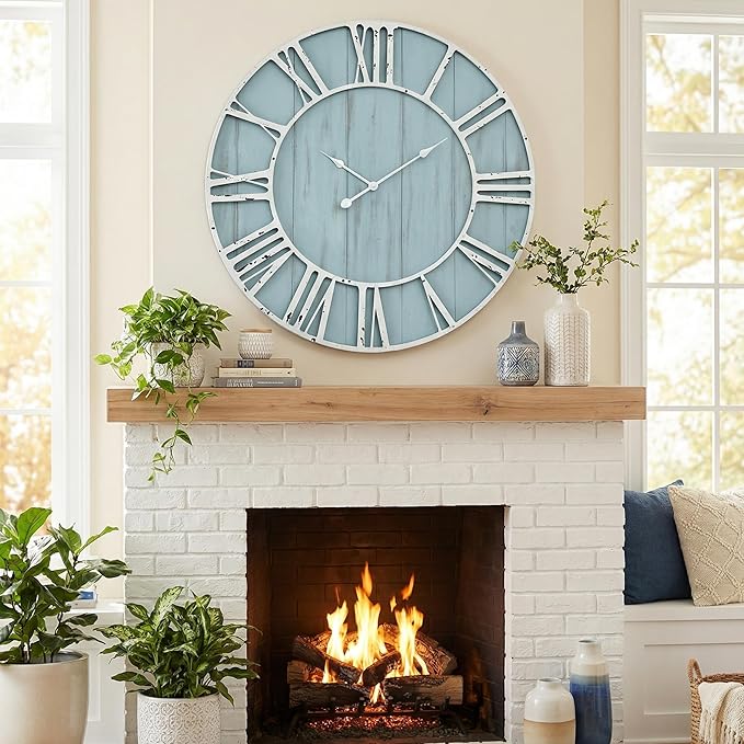 Large Farmhouse Wall Clock 30 Inch Vintage Blue Wooden Wall Clock with Quiet Ticking and Minimalist Roman Numerals for Bedroom Living Room Office Kitchen Home Decor, Battery Operated