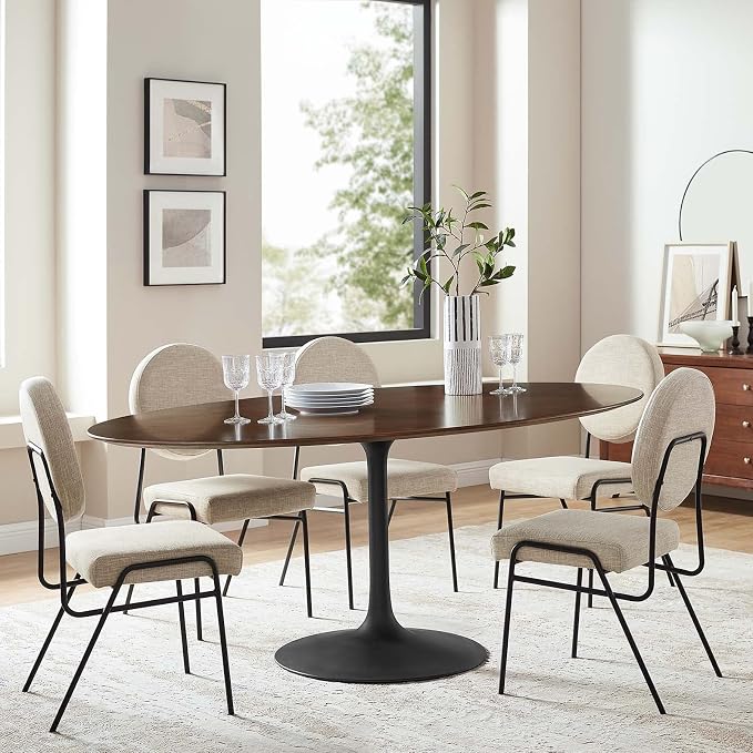 Modway Lippa 78" Oval-Shaped Mid-Century Modern Dining Table with Walnut Top and Black Base
