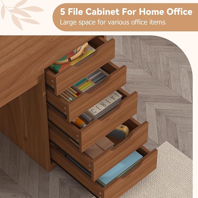 YOMILUVE 47 Inch Computer Desk with 5 Drawers and Power Outlets, Home Office Desks with Storage File Cabinet, Modern Simple Laptop Desk Writing Table for Small Spaces, Brown
