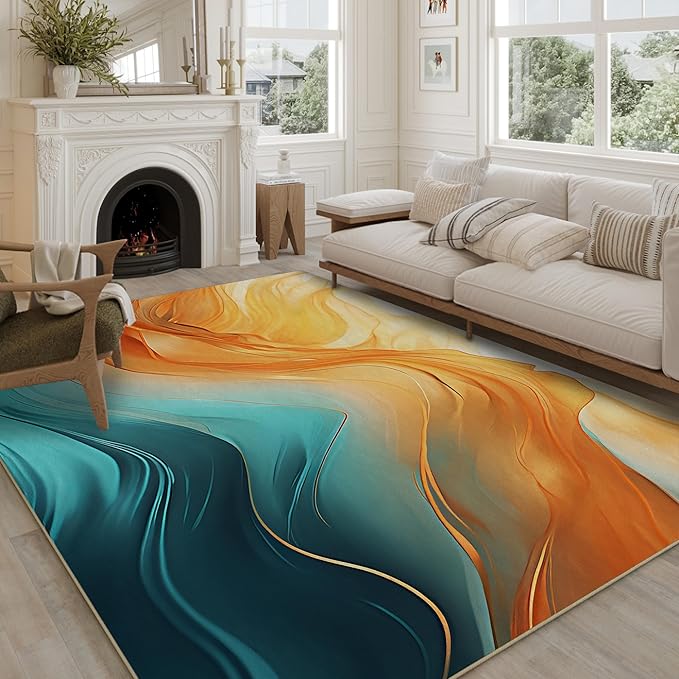 Orange Teal Area Rug for Living Room 5'x7', Turquoise Marble Decorative Washable Rug Non Slip Indoor Dining Floor Carpet for Bedroom Office, Teal Gold Living Room Decor
