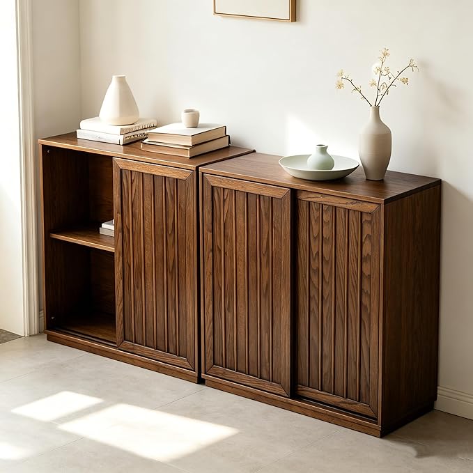 Mid Century Modern Sideboard Cabinet | Slim Fluted Credenza with Sliding Doors | Narrow Storage Buffet Console Table for Small Spaces, Living Room, Entryway, Kitchen (Walnut, 32")