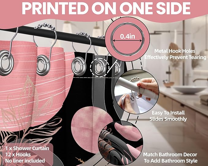 Black and Pink Shower Curtain Boho Mid Century Dark Pink and Gray Shower Curtains for Bathroom Decor, Waterproof Cloth Fabric with Hooks, 70" W x 84" L