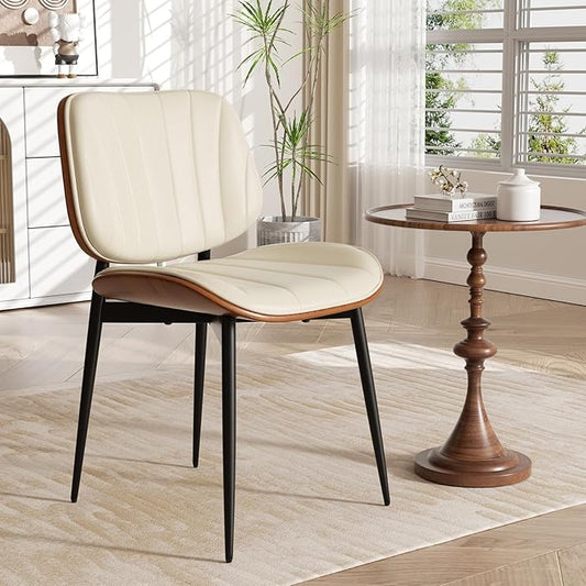 Dining Chair, Mid Century Modern Dining Room Chairs, Upholstered Faux Leather Kitchen Chairs with Walnut Bentwood Back and Metal Legs for Kitchen Dining Room Living Room, Beige