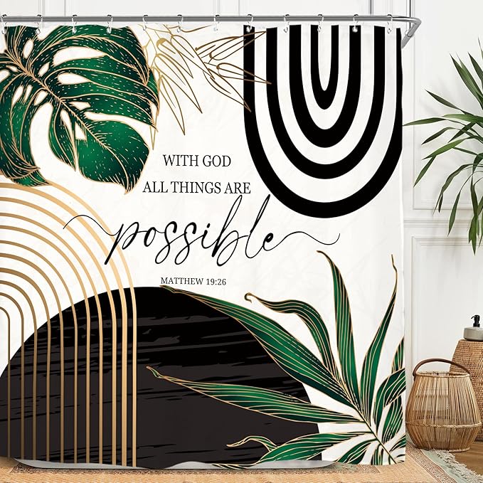 Miyotaa Abstract Emerald Green Shower Curtain Set 71Wx84H Inches Bible Christian Extro Long Motivational Minimalist Modern Tropical Leaves Aesthetic Contemporary Bathroom Curtain with Hooks