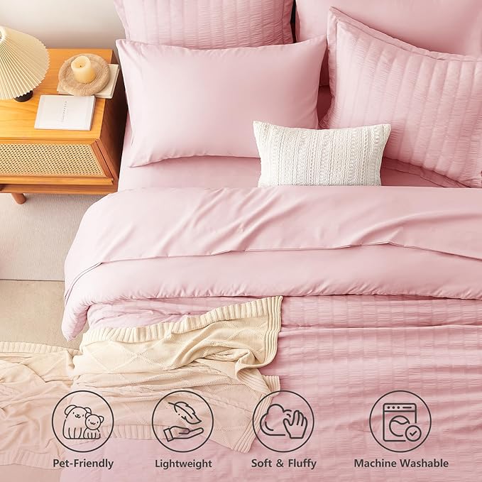 CozyLux Queen Comforter Set Pink, 7 Pieces Seersucker Textured Luxury Bed in a Bag Queen, All Seasons Soft Bedding Sets with Down Alternative Comforter, Sheets, Pillowcases & Shams, Home Gift