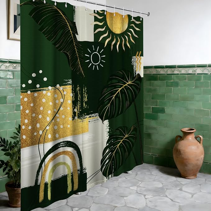 Green and Gold Mid Century Modern Shower Curtain Bohemian Abstract Shower Curtains for Bathroom Decor Sets, Waterproof Cloth Fabric with Hooks, 60x72 Inch