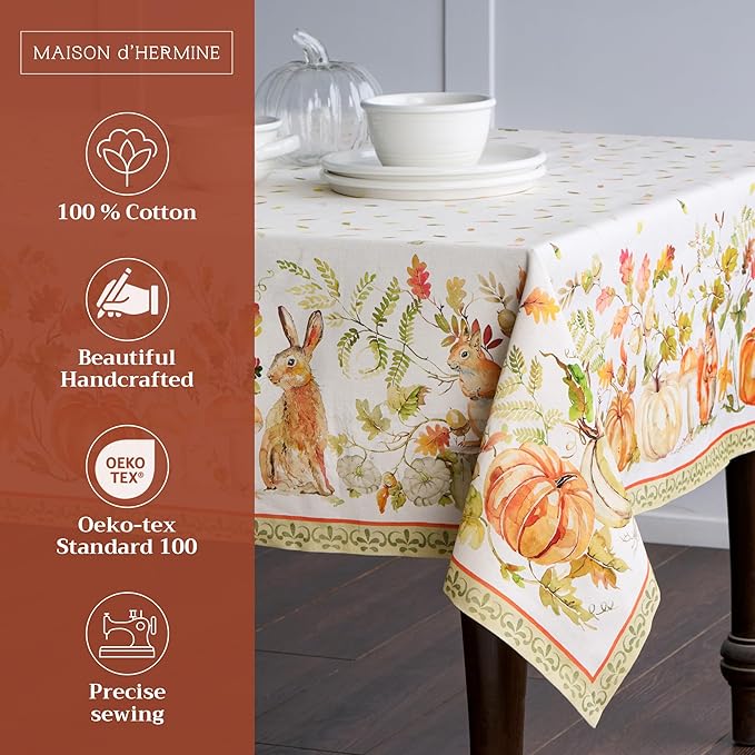 Maison d' Hermine Table Cloth Rectangle Table 100% Cotton 60 x 120 Inches Fall Tablecloth Reusable Everyday Use for Thanksgiving Christmas Decorations Dining Farmhouse Party (Pumpkin Passion)