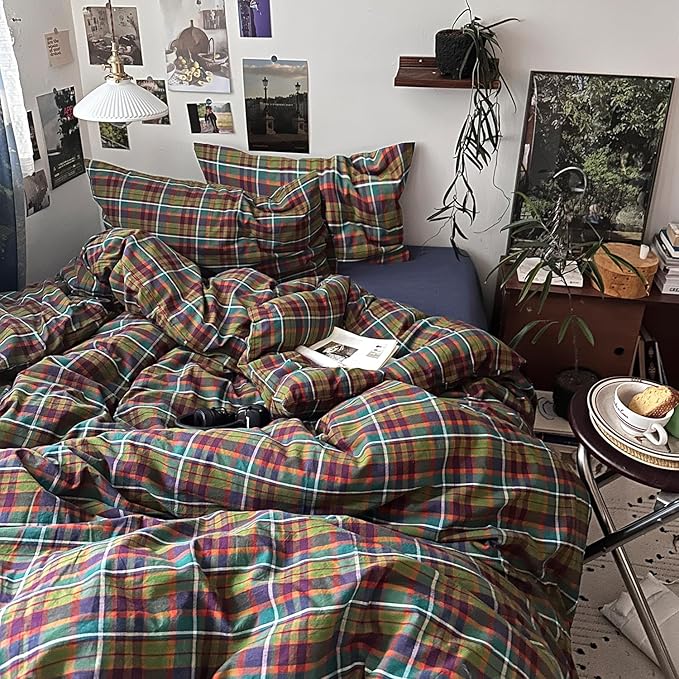 mixinni Buffalo Plaid Duvet Cover Set Full Size - 100% Washed Cotton 3-Piece Bedding Set for Teen Boys Girls, Retro Grid Design, Soft Breathable Comforter Cover for Dorm Room-Full Size
