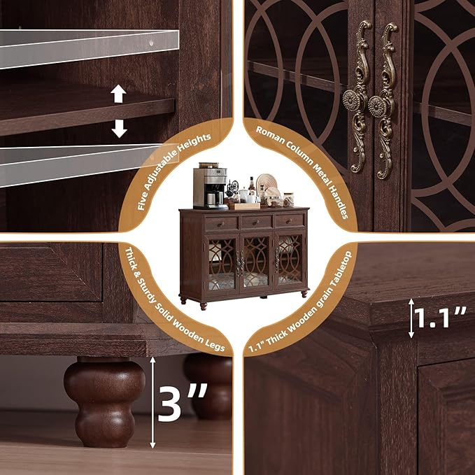 Large Sideboard Buffet Cabinet Set of 2 with Storage,48" Credenza with 3 Glass Doors & 3 Drawers,Adjustable Shelves Coffee Bar,Wood Kitchen Console Table for Dining Room,Walnut