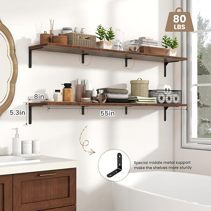 Fun Memories Deep Floating Shelves, 55W x 8D Floating Shelves Set of 2, Wall Mounted Shelf with Metal Brackets, Rustic Wood Wall Shelf for Bathroom, Kitchen and Living Room, Rustic Brown