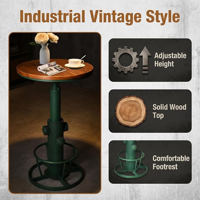 Topower Industrial Bar Table 38.58-48.43" Adjustable Pub Table Kitchen Dining Coffee Bistro Table Antique Green