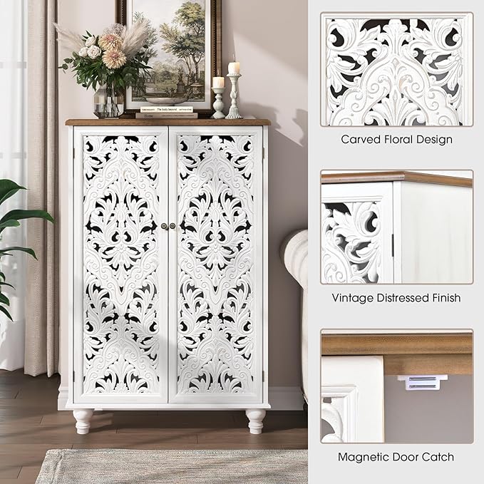 47" Tall Accent Cabinet with Carved Doors, Distressed White Wood Storage Cabinet with 3-Tier Shelves, Boho Farmhouse Sideboard Buffet for Small Spaces, Entryway & Living Room