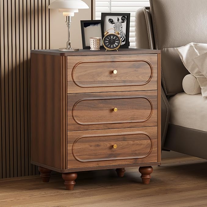 ORRD 3 Drawer Fluted Dresser for Bedroom Set of 2, Mid Century Modern Chest of Drawers, Wood Storage Small Dresser Organizer for Bedroom Living Room Hallway Closet, Walnut