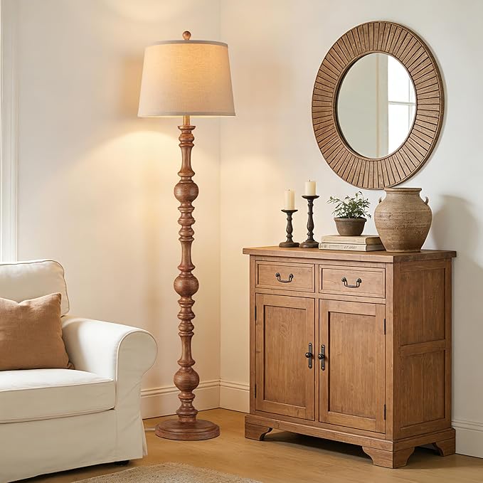 QiMH Vintage Floor Lamp for Living Room,61" Tall Rustic Standing Lamp with Linen Lampshade, Rotary Switch Farmhouse Floor lamp for Bedroom, Corner, Dining Room, Home Decor, Wood Grain