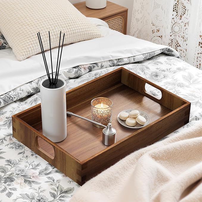 Serving Trays - 2 Pack, Acacia Wood Serving Platters with Ergonomic Handles, Versatile Rustic Decorative Trays for Breakfast, Brunch, Dinner, Coffee Table, Party, Kitchen-M