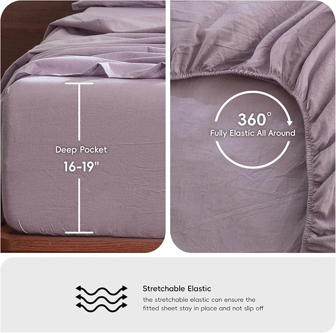 MooMee Bedding Sheet Set 100% Washed Cotton Linen Like Textured Breathable Durable Soft Comfy (Heathered Light Purple, Queen)