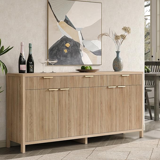 66" W Fluted Buffet Cabinet, Sideboard Storage Cabinet with 3 Drawers & 2 Cabinets, Mid-Century Coffee Bar Table for Living Room, Dinning Room, Natural