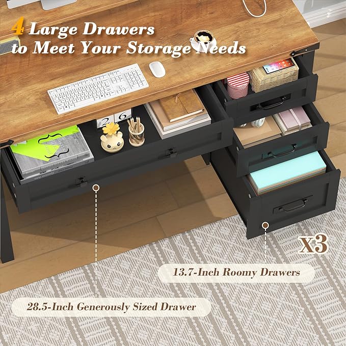 YOMILUVE Farmhouse Computer Desk with Drawers, 47" Small Computer Desk with Power Outlets, Home Office Desk with Monitor Stand & 4 Drawers, Writing Study Table, Brown and Black